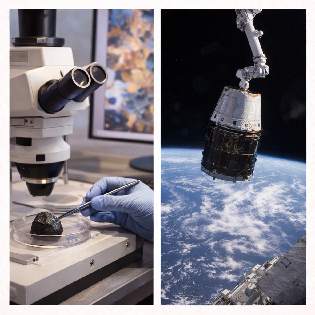 Cette illustration met en regard deux piliers majeurs de la recherche astronomique moderne. À gauche, un rover scientifique explore et analyse la surface d’un environnement planétaire rocheux, collectant des données géologiques essentielles à la compréhension de l’histoire des corps célestes. À droite, un observatoire astronomique terrestre observe le ciel nocturne et la Voie lactée, permettant l’étude des étoiles, des nébuleuses et des processus cosmiques à grande échelle. Ensemble, ces approches croisées nourrissent notre compréhension de l’origine et de l’évolution du Système solaire et de l’Univers.