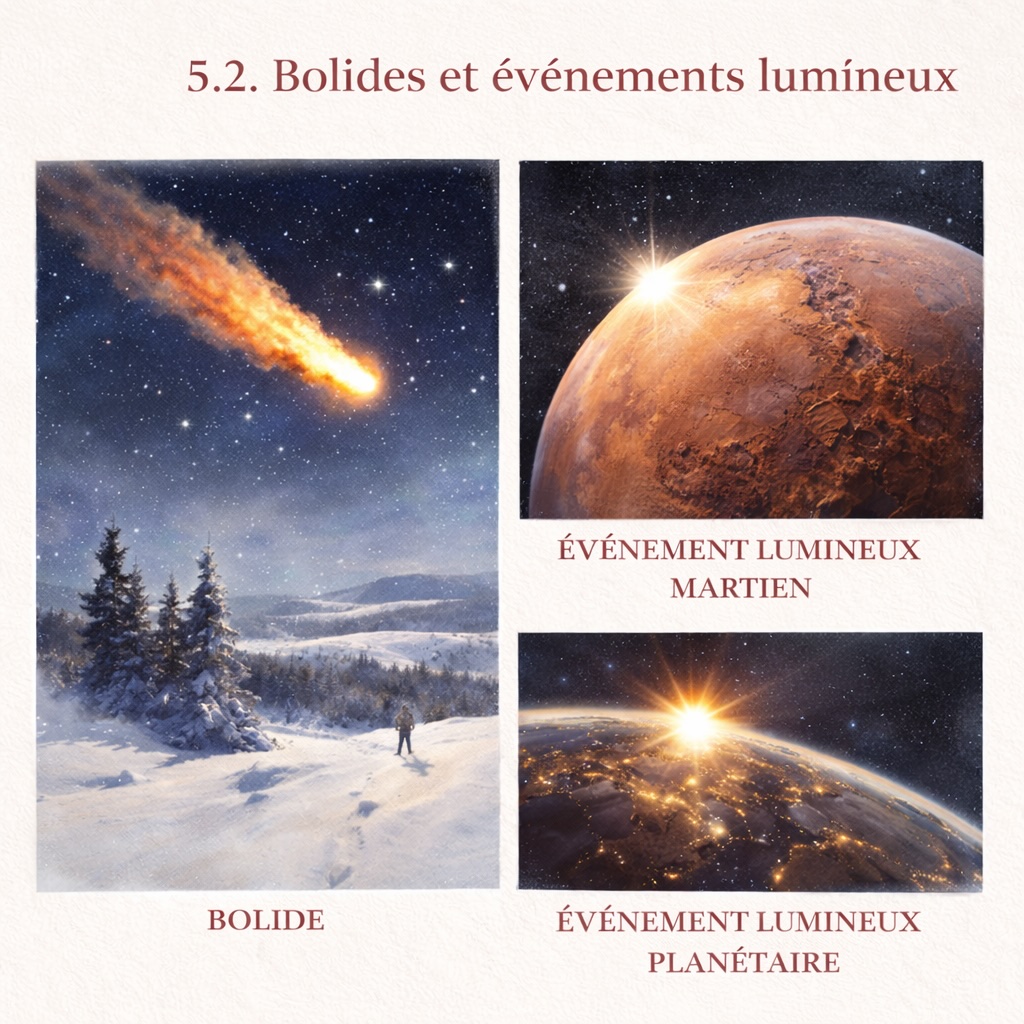 Illustration comparant un bolide observé dans l’atmosphère terrestre et des événements lumineux provoqués par l’entrée de météoroïdes dans les atmosphères planétaires, sur Mars et autour de la Terre