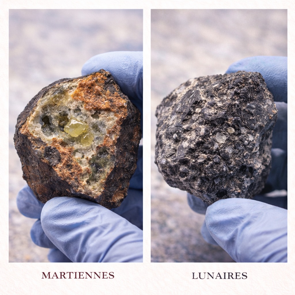 Comparaison entre une météorite martienne riche en minéraux verdâtres et une météorite lunaire à texture sombre et fine