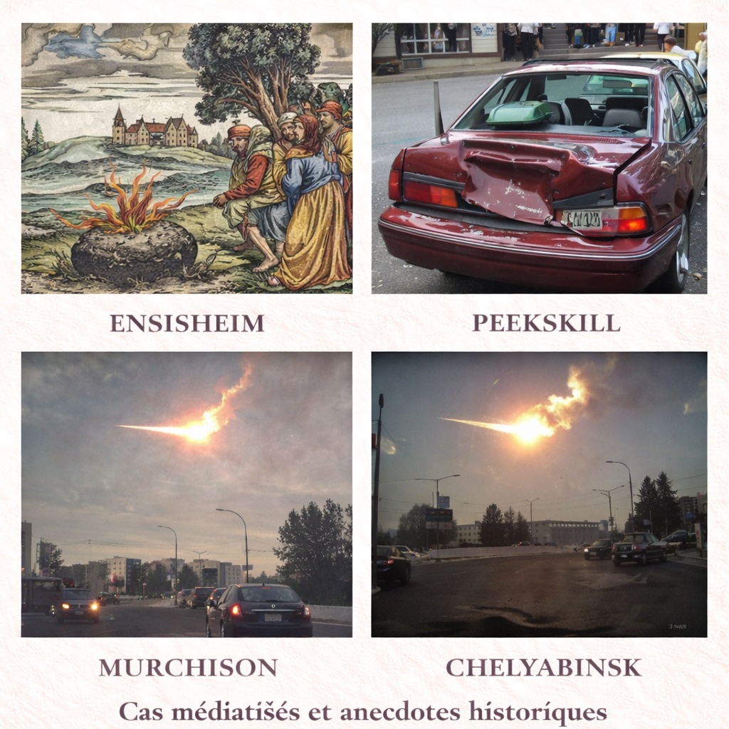 Illustrations de chutes de météorites célèbres ayant marqué l’histoire par leur contexte historique ou médiatique