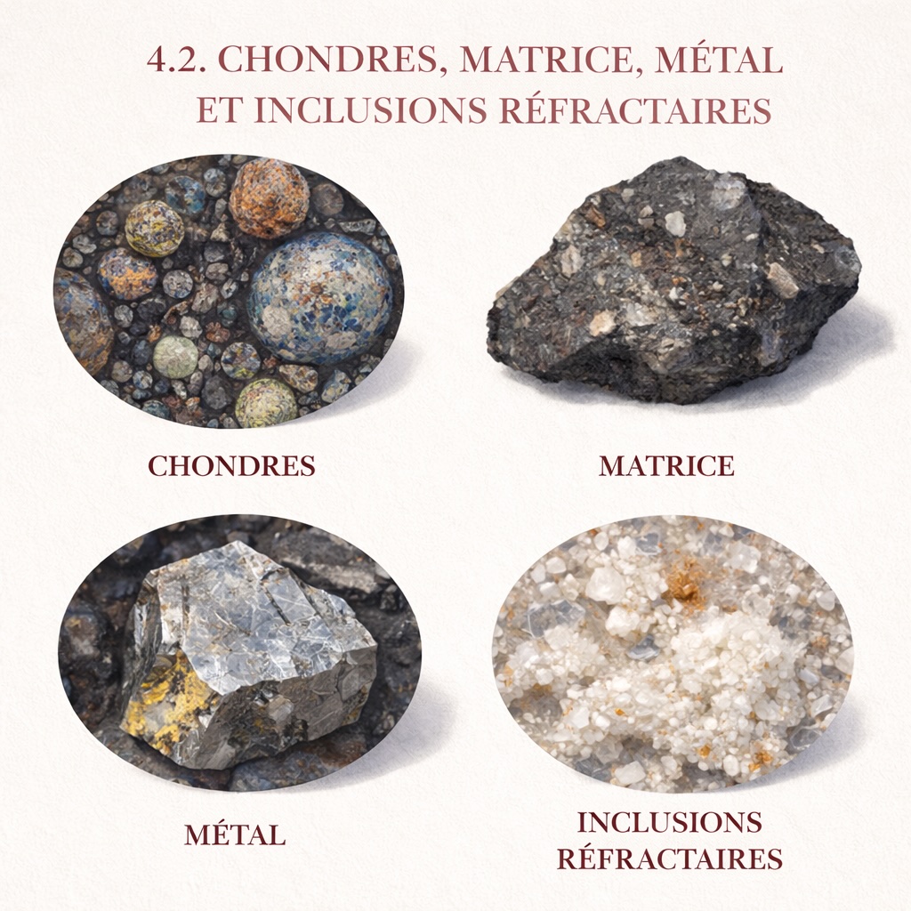Cette illustration présente une sélection de minéraux et d’éléments chimiques fréquemment observés dans les météorites. Parmi eux figurent des silicates comme l’olivine et l’enstatite, des sulfures tels que la troilite, ainsi que des alliages métalliques fer-nickel dominés par la kamacite. Les éléments majeurs — oxygène, fer, silicium, magnésium et soufre — constituent l’essentiel de la matière météoritique et témoignent de la composition chimique primitive du système solaire, héritée des premiers processus de condensation et de différenciation planétaire.