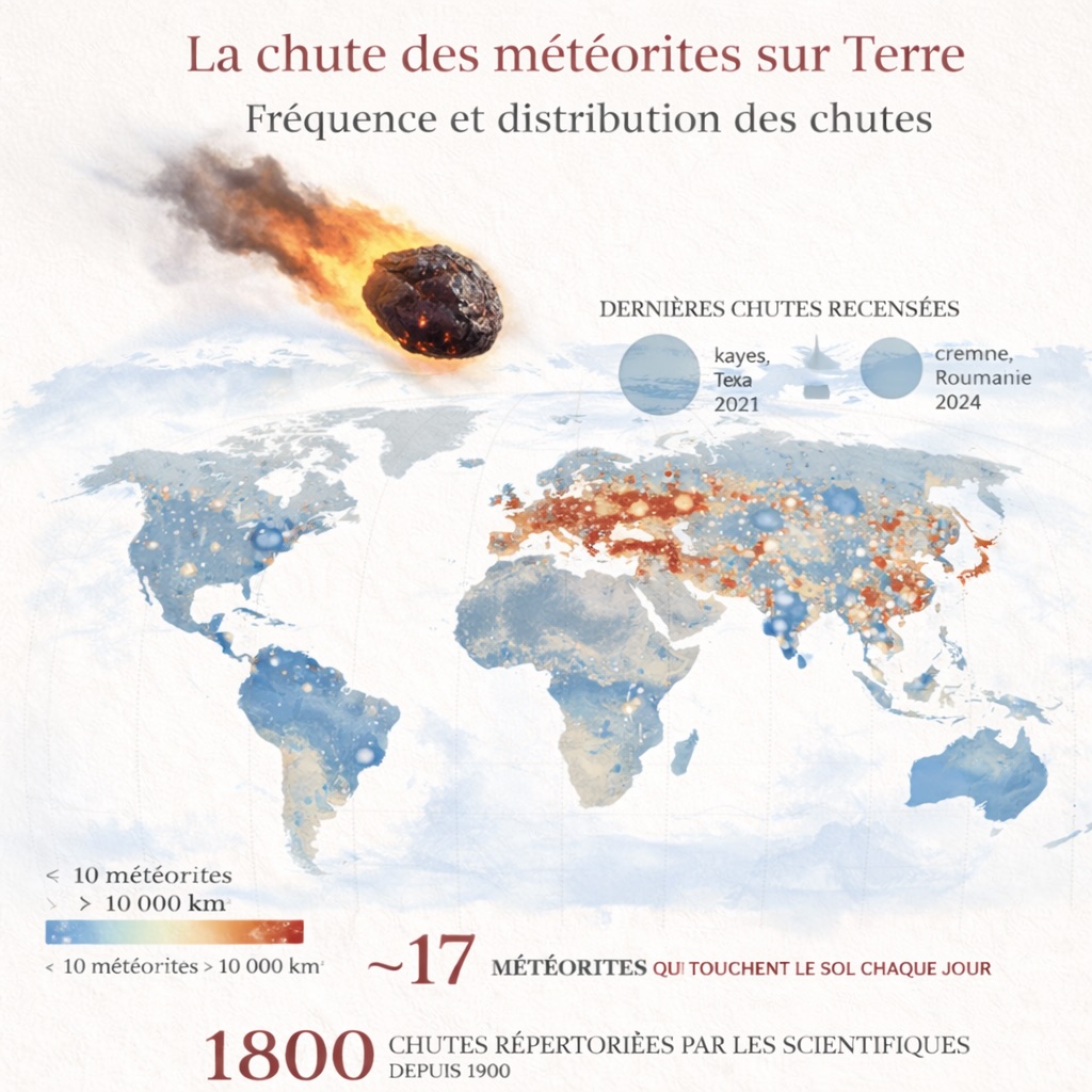 Carte mondiale illustrant la fréquence et la distribution géographique des chutes de météorites sur Terre, avec indication des zones de densité, des chutes récentes recensées et du nombre moyen de météorites atteignant le sol chaque jour