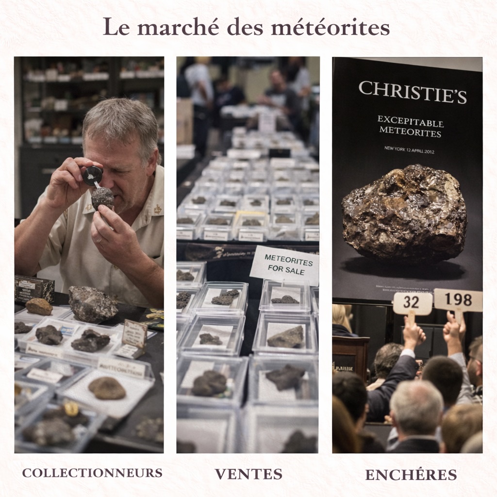 Scènes illustrant le marché des météorites, entre collection privée, vente spécialisée et enchères publiques