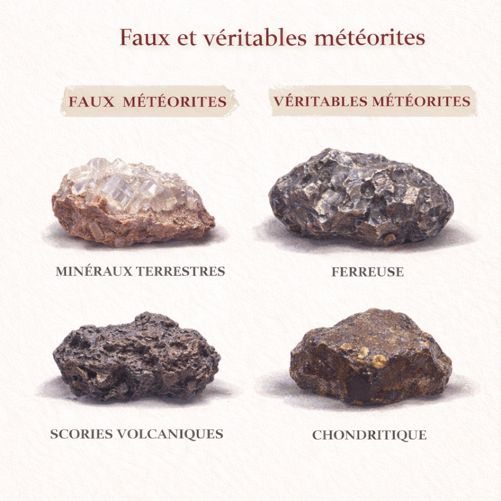 Comparaison entre faux et véritables météorites : minéraux terrestres et scories volcaniques opposés à des météorites ferreuses et chondritiques authentiques