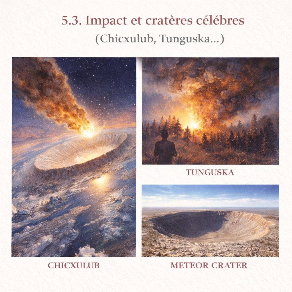 Illustration d’impacts météoritiques majeurs sur Terre, incluant le cratère de Chicxulub, l’événement de Tunguska et un cratère d’impact météoritique bien conservé
