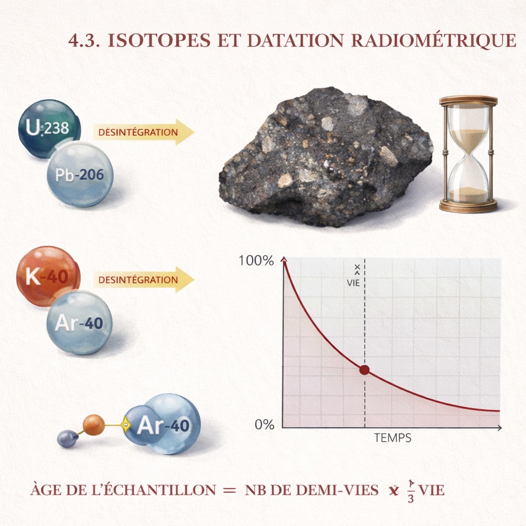Schéma de datation radiométrique des météorites illustrant la désintégration radioactive des isotopes uranium-238 en plomb-206 et potassium-40 en argon-40, avec courbe de décroissance en fonction du temps