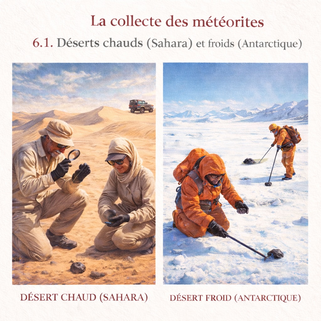 Collecte scientifique de météorites dans un désert chaud du Sahara et sur la glace antarctique, illustrant les principaux environnements de prospection météoritique