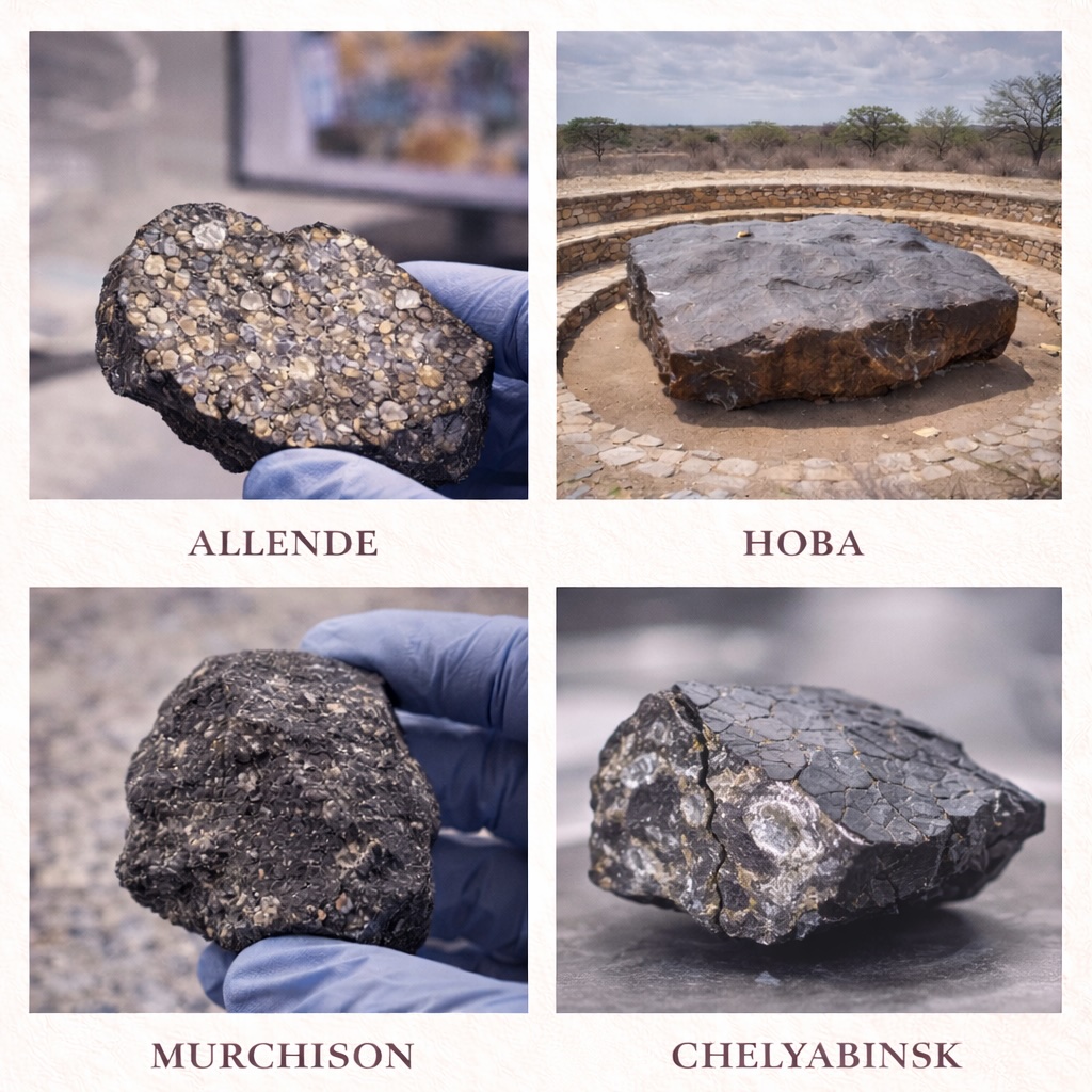 Quatre météorites célèbres illustrant la diversité des chutes, des compositions et des contextes de découverte