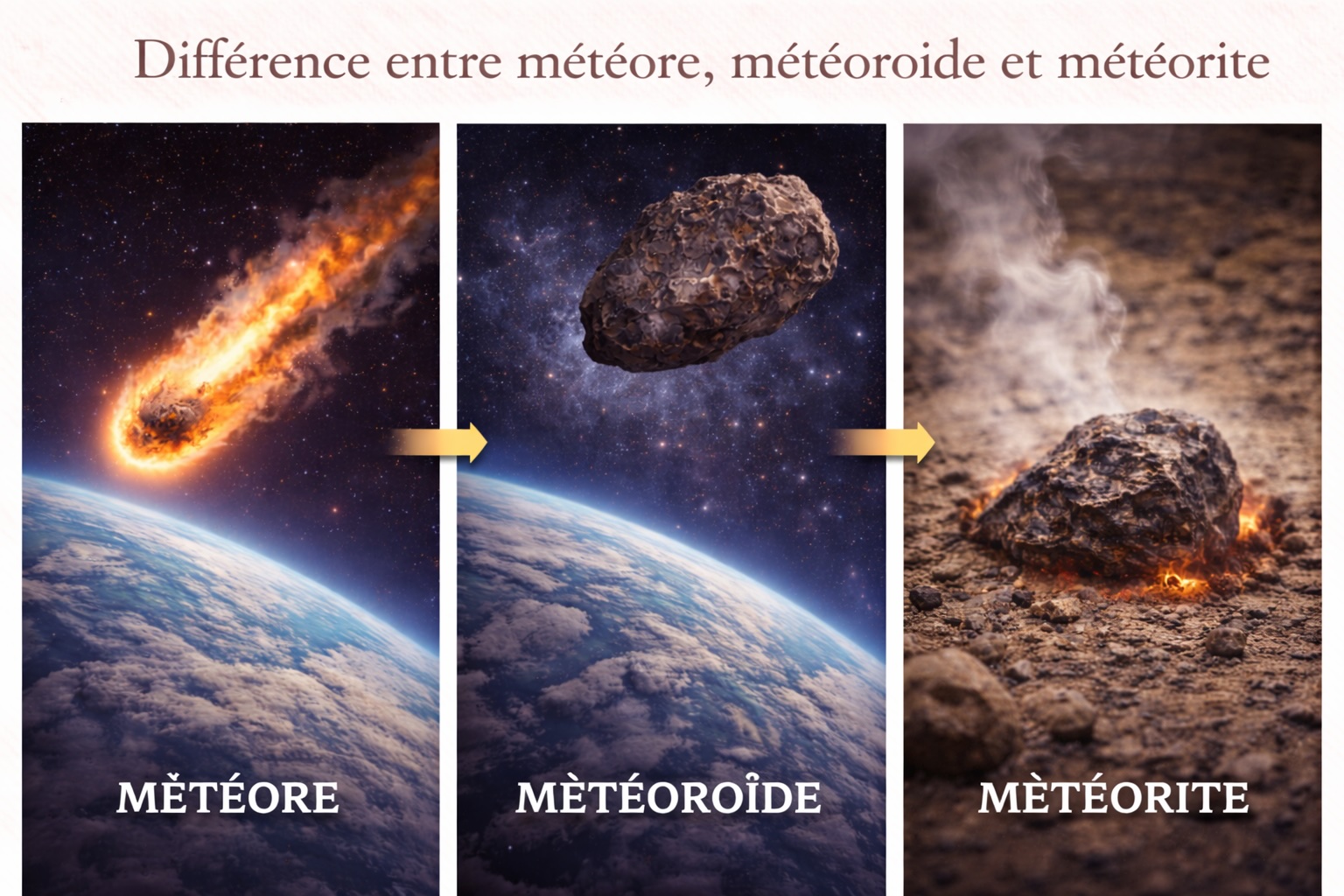 Différence entre météore, météoroïde et météorite : phénomène lumineux, corps dans l’espace et fragment tombé sur Terre