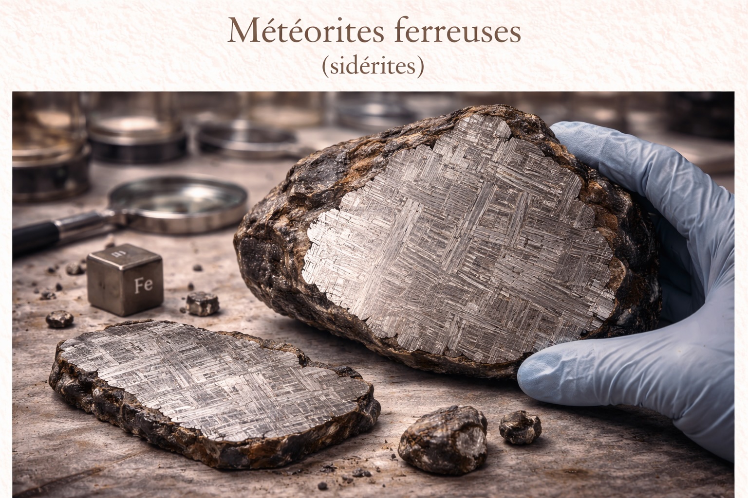 Cette illustration présente les deux principales catégories de météorites pierreuses : les chondrites et les achondrites. Les chondrites contiennent des chondres, petits globules minéraux formés lors des premiers instants du Système solaire, tandis que les achondrites proviennent de corps célestes différenciés ayant subi des processus magmatiques. Leur étude permet de comprendre l’évolution thermique et géologique des premiers astéroïdes et protoplanètes.