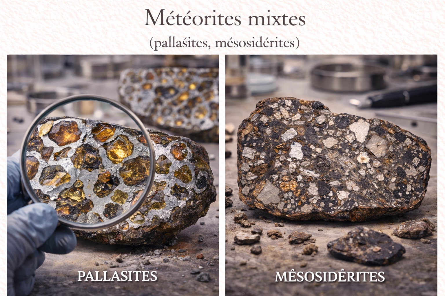 Météorites mixtes montrant une pallasite riche en olivine et une mésosidérite composée de fragments rocheux et métalliques