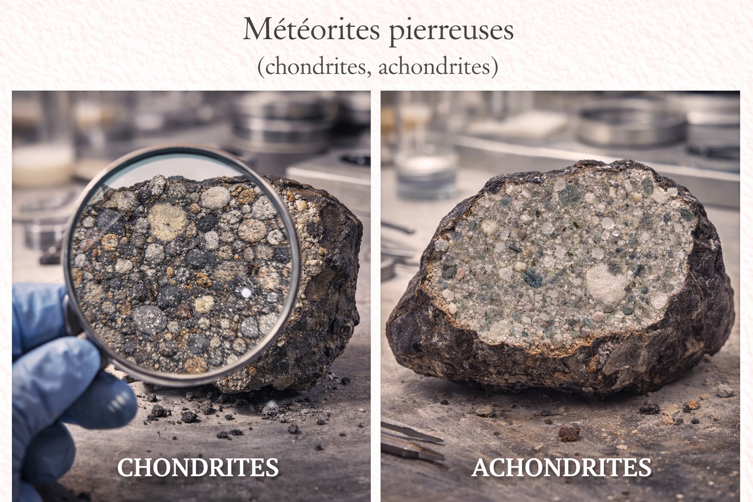 Comparaison entre météorite chondrite et achondrite, deux types de météorites pierreuses