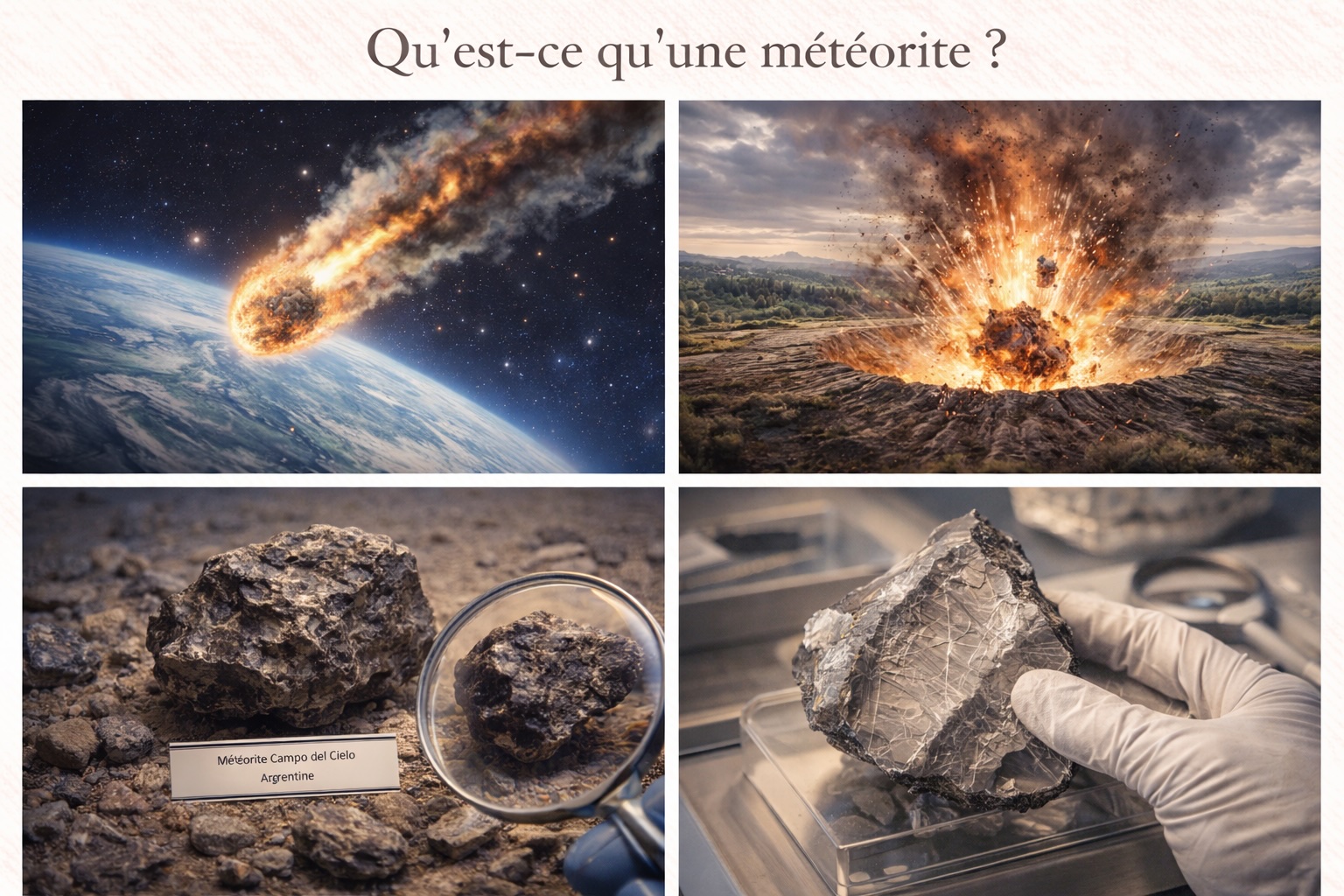 Météorite : trajectoire dans l’atmosphère, impact au sol et échantillons étudiés en laboratoire