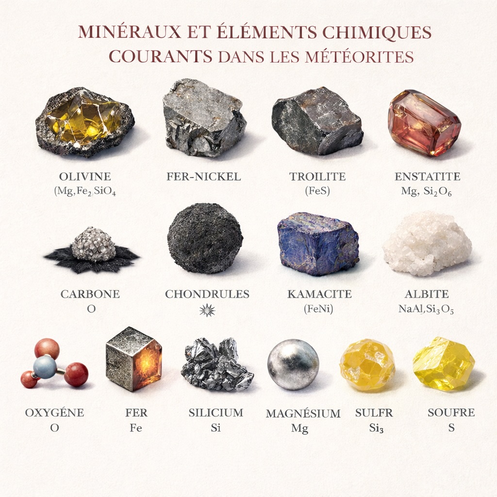 Minéraux et éléments chimiques couramment présents dans les météorites, incluant olivine, fer-nickel, troilite, enstatite et éléments majeurs comme le fer, le silicium, l’oxygène et le magnésium