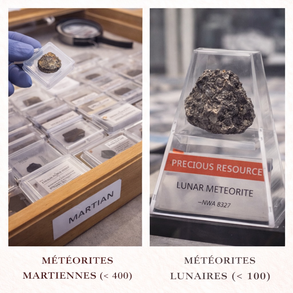 Présentation comparative de météorites martiennes conservées en collection scientifique et d’une météorite lunaire exposée sous vitrine