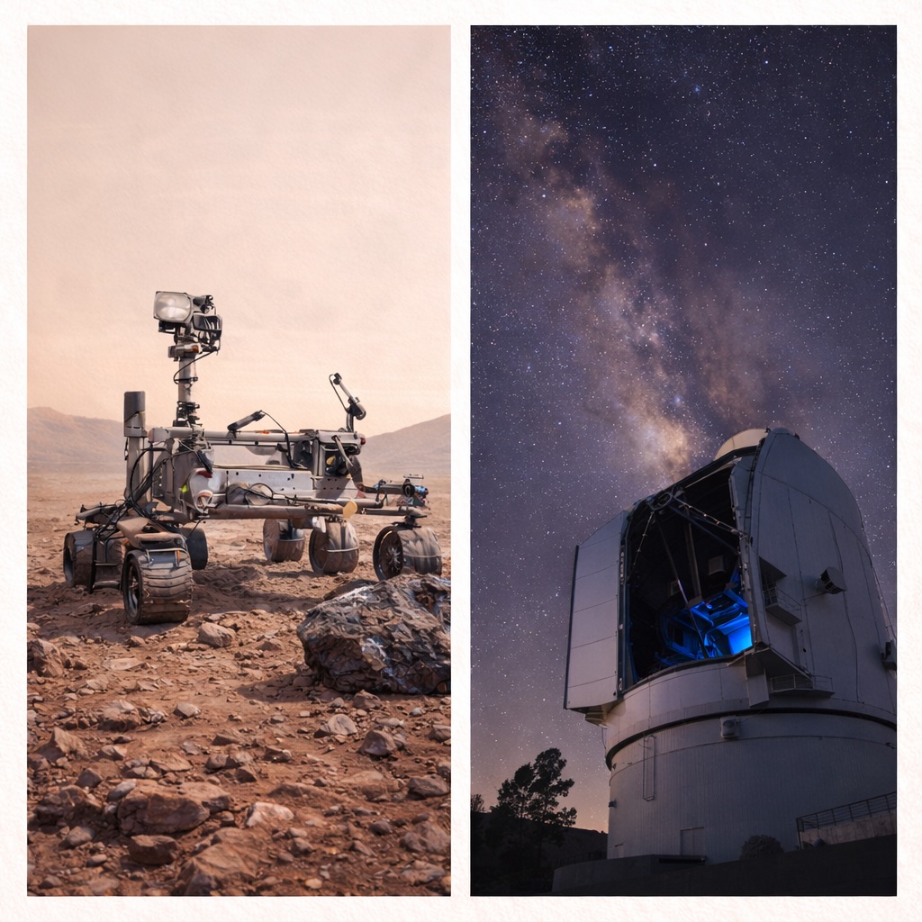 Exploration scientifique du cosmos et des planètes : rover d’exploration planétaire analysant un sol rocheux et observatoire astronomique pointé vers la Voie lactée